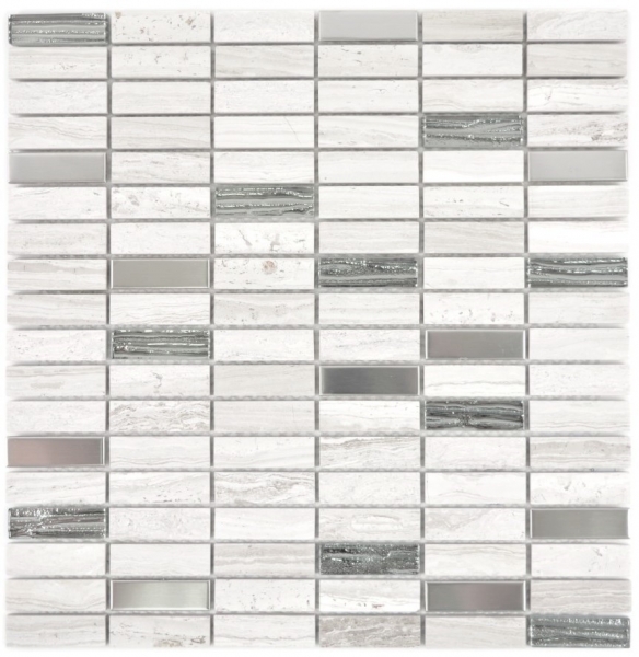 Riemchen Rechteck Mosaikfliesen Glasmosaik Stäbchen Edelstahl grauweiß silber beige Küchenrückwand Fliesenspiegel Bad - MOS87-2002