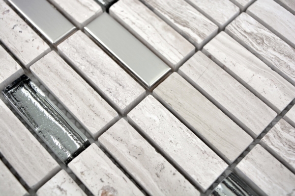 Échantillon manuel Carreau de mosaïque translucide acier inoxydable gris blanc baguettes Mosaïque de verre Crystal pierre acier wood white MOS87-2002_m
