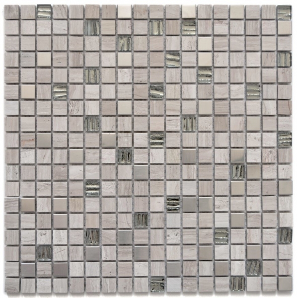 Piastrella di mosaico Acciaio inox traslucido grigio bianco Mosaico di vetro Pietra di cristallo Acciaio legno bianco MOS92-2002_f