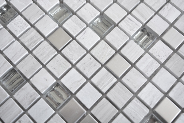 Mosaikfliese Transluzent Edelstahl grauweiß Glasmosaik Crystal Stein Stahl wood white MOS92-2002_f