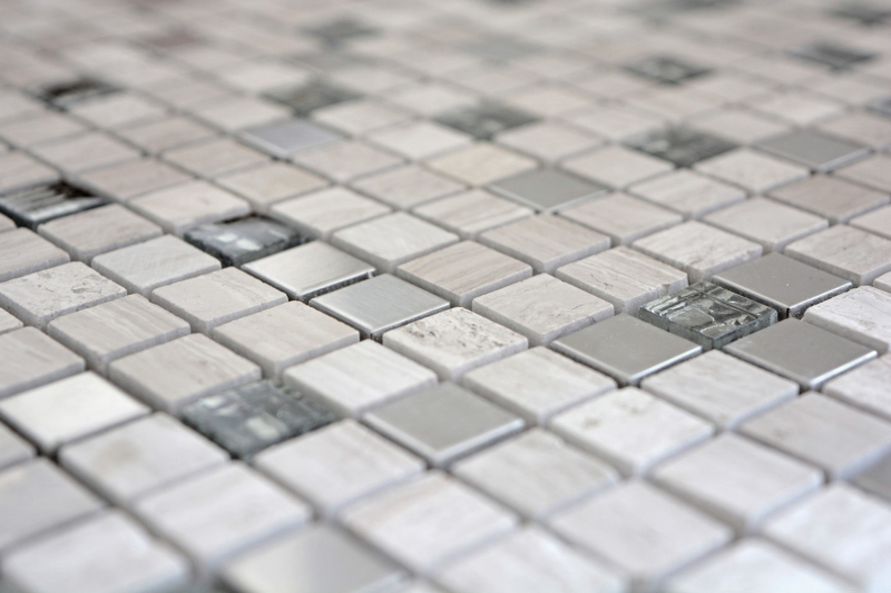 Piastrella di mosaico Acciaio inox traslucido grigio bianco Mosaico di vetro Pietra di cristallo Acciaio legno bianco MOS92-2002_f