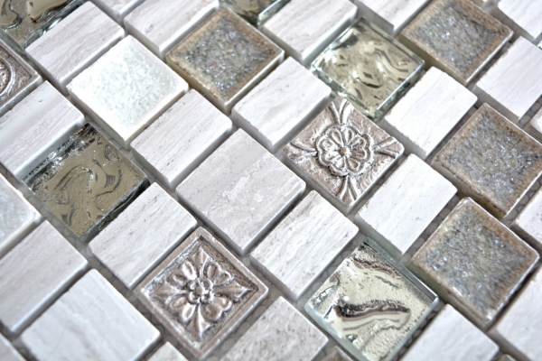 Piastrella di mosaico Resina ceramica traslucida fine grigio bianco Mosaico di vetro multiformato Pietra di cristallo Resina ceramica legno bianco MOS82-2002_f