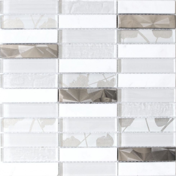 Rectangular mosaic tiles glass mosaic stainless steel natural stone white silver tile mirror shower wall bathroom WC - MOS87-11X