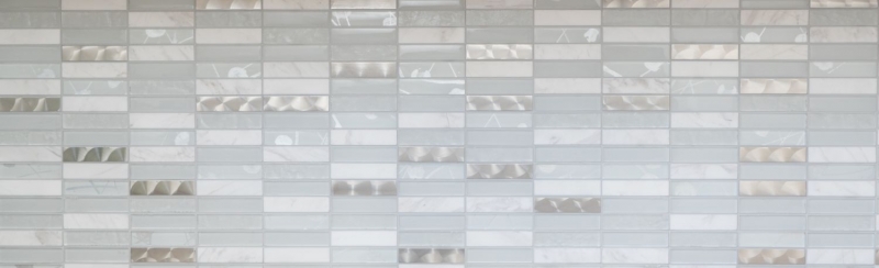 Riemchen Rechteck Mosaikfliesen Glasmosaik Edelstahl Naturstein weiß silber Fliesenspiegel Duschwand Bad WC - MOS87-11X
