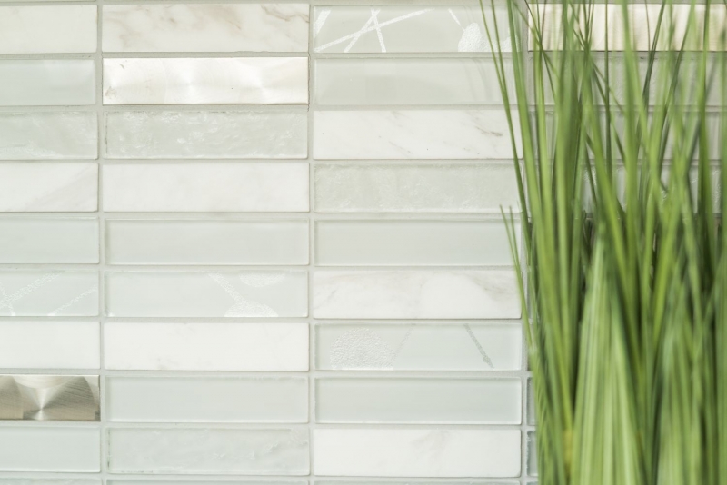 Riemchen Rechteck Mosaikfliesen Glasmosaik Edelstahl Naturstein weiß silber Fliesenspiegel Duschwand Bad WC - MOS87-11X