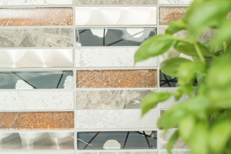 Riemchen Rechteck Mosaikfliesen Glasmosaik Edelstahl Resin grau anthrazit braun Fliesenspiegel Wand Küche Bad - MOS87-24X