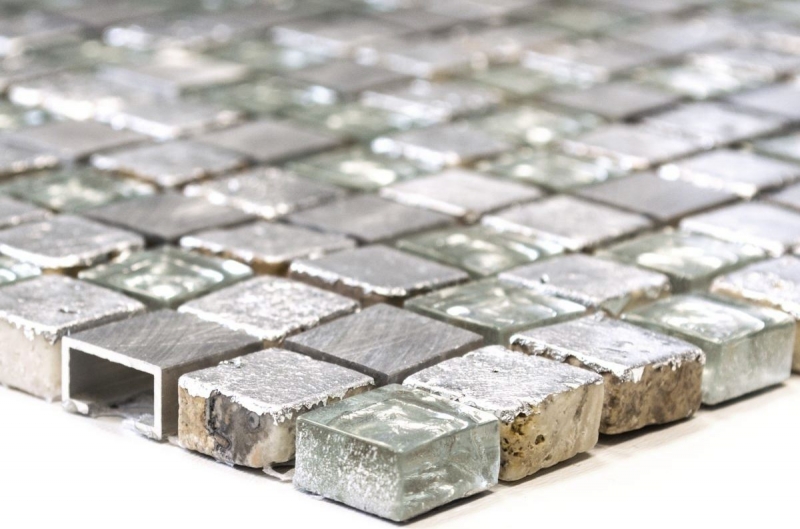 Glasmosaik Mosaikfliese Aluminium silber grau Resin Spritzschutz Küche Bad Fliesenspiegel Wand WC - MOS92-0202