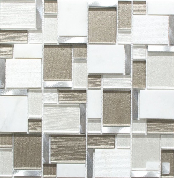 Piastrelle di mosaico alluminio tipo beige chiaro combinazione vetro pietra alluminio bianco e beige MOS49-FK01_f