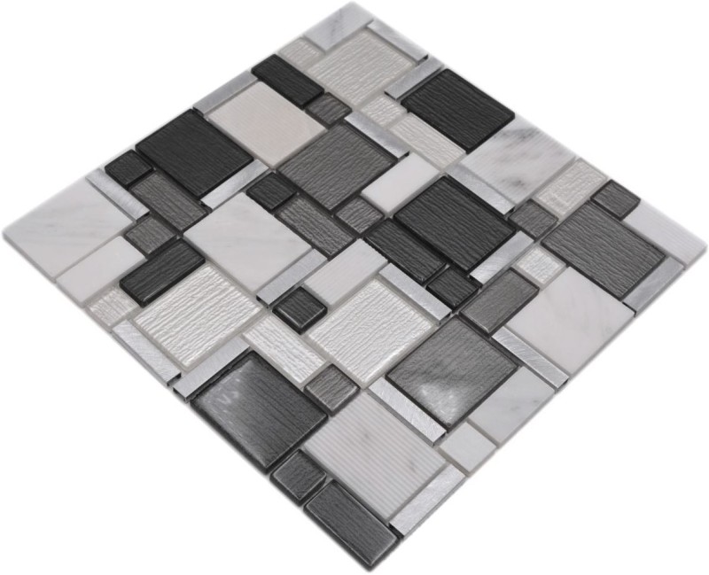Naturstein Glasmosaik Mosaikfliesen Aluminium weiß anthrazit grau schlamm Fliesenspiegel Wand Bad - MOS49-FK02