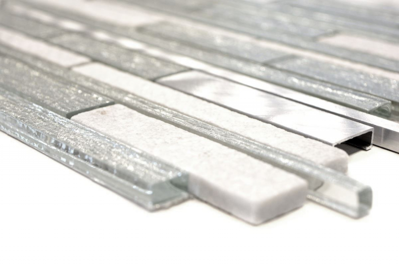 Mosaico di piastrelle per cucina alluminio traslucido bianco argento nero mosaico di vetro composito Pietra di cristallo alluminio bianco argento MOS49-GV64_f