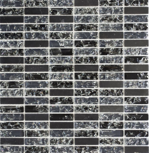 Riemchen Rechteck Mosaikfliesen Glasmosaik Bruchoptik Stäbchen schwarz Marmor Naturstein Bruchglas Fliesenspiegel Küche WC - MOS87-s1228