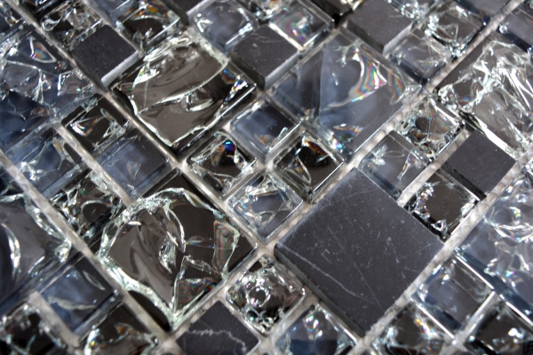 Handmuster Mosaikfliese Transluzent schwarz Kombination Glasmosaik Crystal Stein schwarz MOS92-HQ14_m