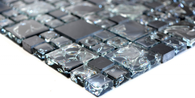 Handmuster Mosaikfliese Transluzent schwarz Kombination Glasmosaik Crystal Stein schwarz MOS92-HQ14_m