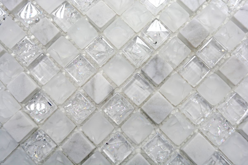 Glasmosaik Naturstein Mosaikfliese weiß klar Bruchglas Marmor Fliesenspiegel Küchenrückwand - MOS92-0102