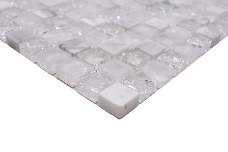 Glasmosaik Naturstein Mosaikfliese weiß klar Bruchglas Marmor Fliesenspiegel Küchenrückwand - MOS92-0102