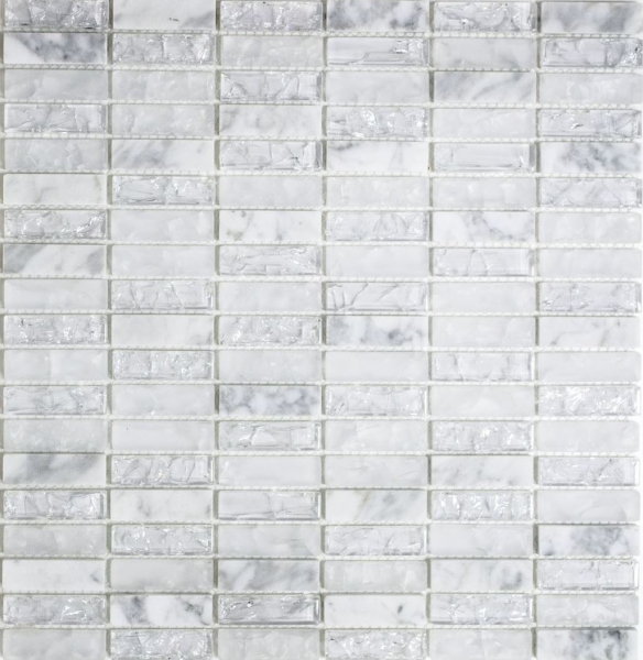 Riemchen Rechteck Mosaikfliesen Glasmosaik weiß Bruchmosaik Marmor Naturstein Küchenrückwand Fliesenspiegel - MOS87-s1211