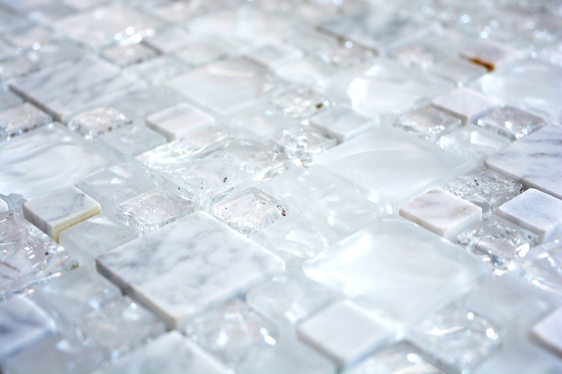 Piastrella di mosaico bianco traslucido Combinazione di mosaico di vetro Pietra di cristallo bianca MOS87-v1411_f