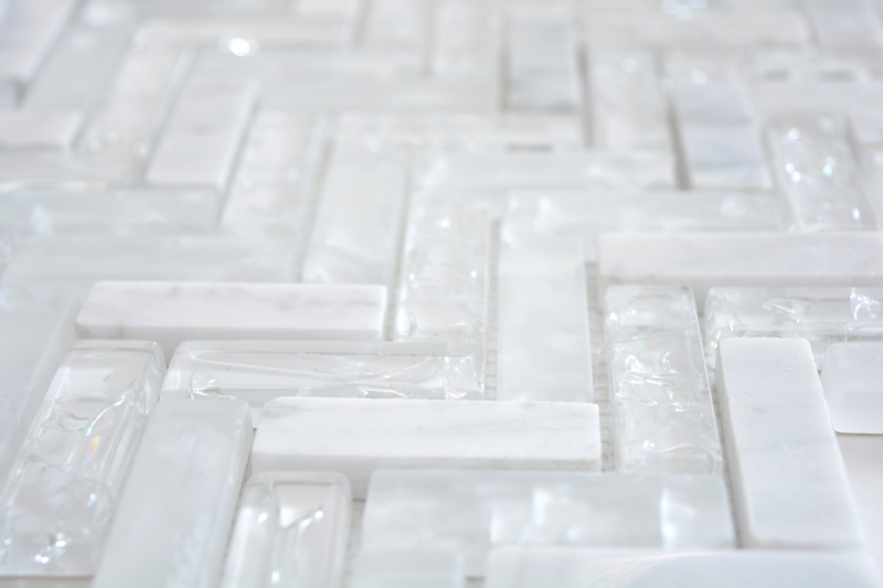 Glass natural stone marble mosaic tile white clear carrara herringbone quarry glass kitchen splashback tile back WC - MOS87HB-0111