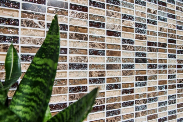 Mosaico rettangolare tessere di vetro mosaico rotto marmo pietra naturale marrone scuro beige parete bagno cucina WC - MOS87-S1255