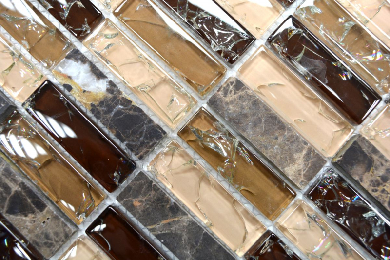 Piastrelle a mosaico per lalzatina della cucina Barre traslucide beige scuro Mosaico di vetro Pietra di cristallo emperador scuro MOS87-B1255_f