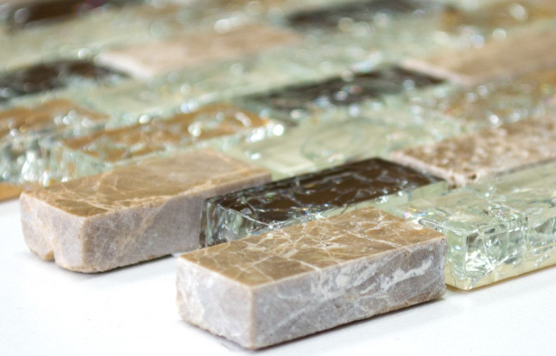 Mosaik Stäbchen Verbund Naturstein Mosaikfliese hellbeige braun Brick Glasmosaik Bruchglas Marmor Küchenrückwand Bad WC - MOS87-B1153
