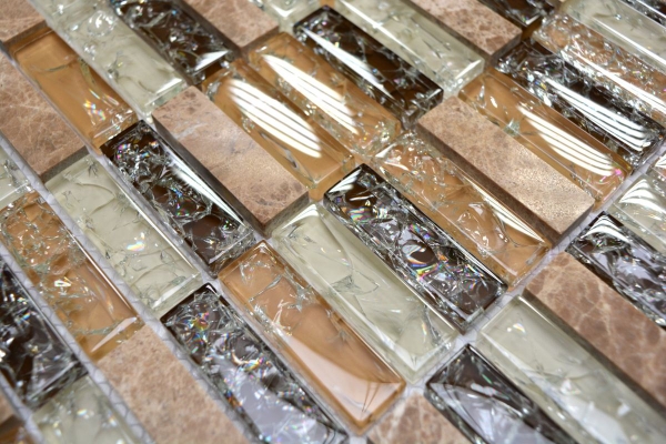 Rectangular mosaic tiles glass mosaic broken glass marble stone light brown beige cream wall bathroom kitchen WC - MOS87-S1253