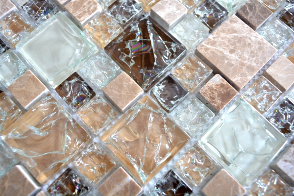 Pierre naturelle Mosaïque de verre Marbre Carreaux de mosaïque brun clair crème beige verre brisé carrelage cuisine mur - MOS87-K1453