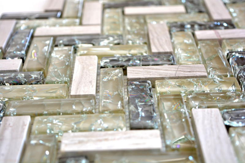 Glas Naturstein Marmor Mosaikfliese graugrün hellgrau klar Fischgrät Bruchglas Küchenrückwand Spritzschutz - MOS87HB-0552