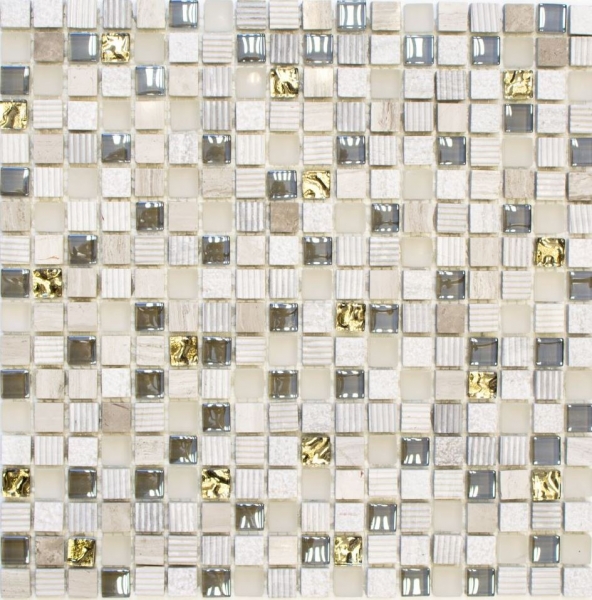 Glasmosaik Naturstein Mosaikfliese hellgrau creme gold Marmor Struktur Küchenfliese Bad - MOS92-HQ12