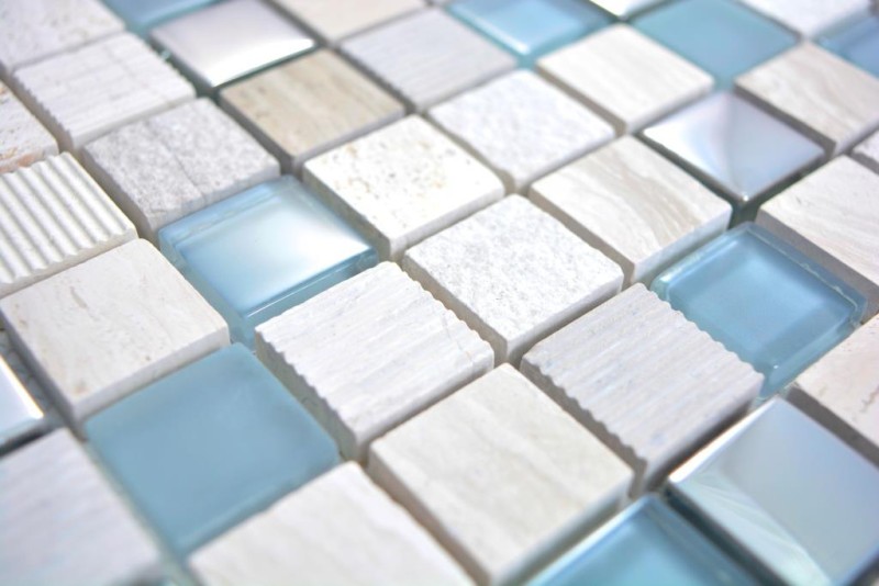 Naturstein Rustikal Mosaikfliese Glasmosaik Marmor hellgrau silber beige Milchglas Fliesenspiegel Wand Küche Bad WC - MOS92-HQ20