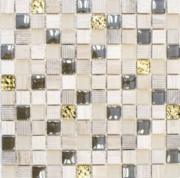 Naturstein Rustikal Mosaikfliese Glasmosaik Marmor hellgrau gold Milchglas Struktur Fliesenspiegel Wand Bad Küche WC - MOS83-HQ22