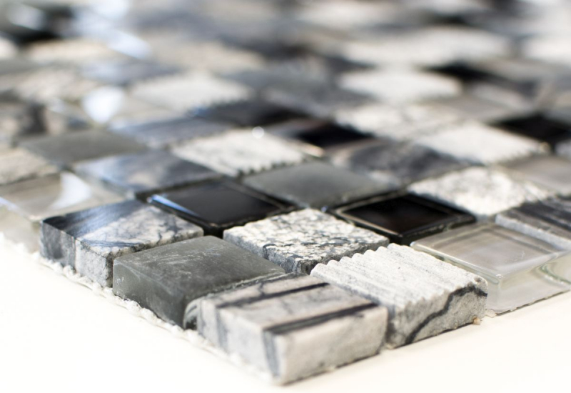 Piastrella di mosaico per cucina Traslucido grigio nero Mosaico di vetro Pietra di cristallo EP grigio nero argento MOS83-HQ24_f