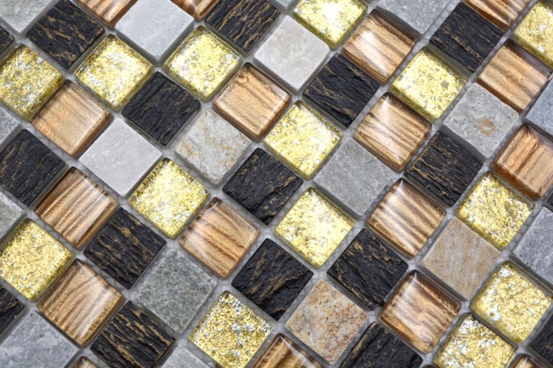 Naturstein Rustikal Quarzit Mosaikfliese Glasmosaik Resin gold braun beige Struktur Fliesenspiegel Küchenrückwand Bad WC - MOS83-CR17