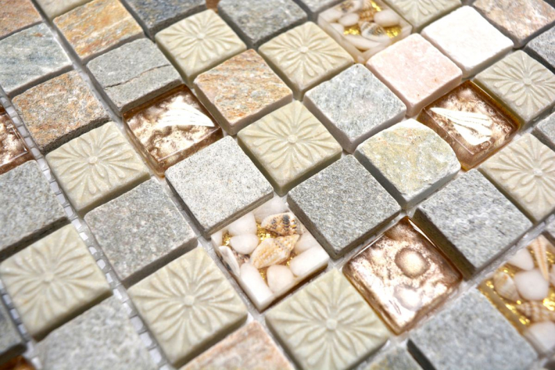 Piastrella di mosaico per cucina Rivestimento traslucido oro beige Mosaico di vetro Pietra di cristallo texture oro beige MOS83-CR27_f