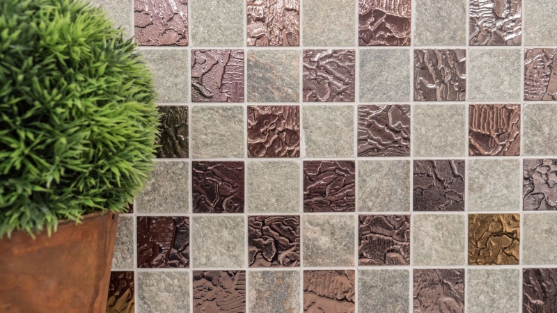 Naturstein Rustikal Mosaikfliese Glasmosaik Quarzit grau anthrazit braun kupfer Küchenrückwand Fliesenspiegel Bad WC - MOS88-CR73