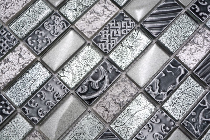 Riemchen Rechteck Mosaikfliesen Glasmosaik Stein Retro silber anthrazit Struktur Wandverkleidung Küchenfliese WC - MOS83-CRS2