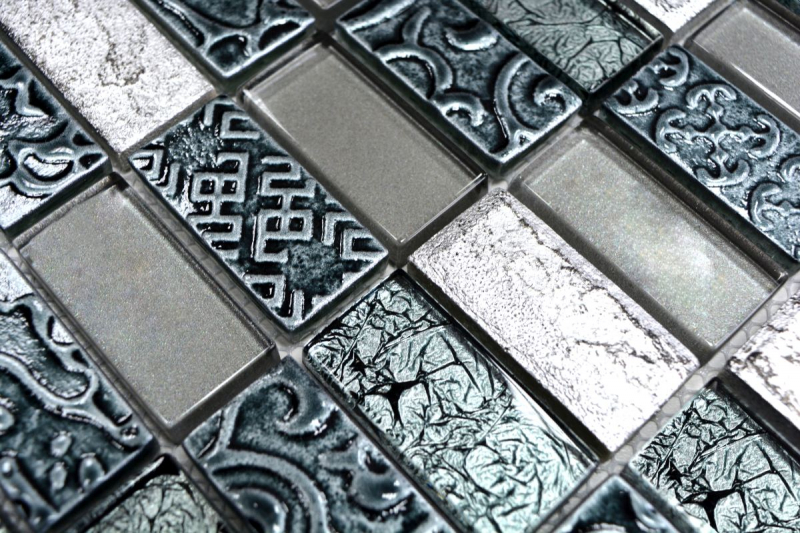 Riemchen Rechteck Mosaikfliesen Glasmosaik Stein Retro silber anthrazit Struktur Wandverkleidung Küchenfliese WC - MOS83-CRS2