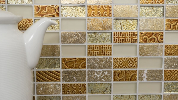 Hand-patterned mosaic tile Tile backsplash Translucent gold Rectangle Glass mosaic Crystal stone Retro gold MOS83-CRS4_m