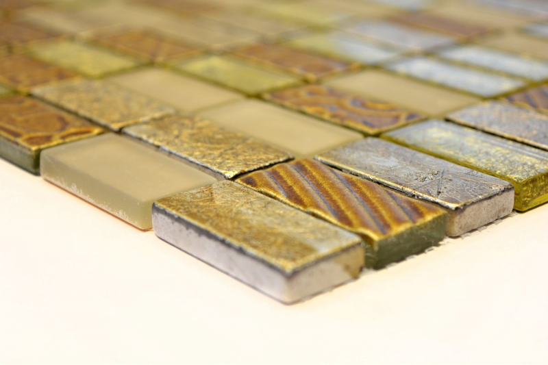 Piastrelle rettangolari in vetro mosaico pietra retrò oro beige crema struttura rivestimento cucina bagno - MOS83-CRS4