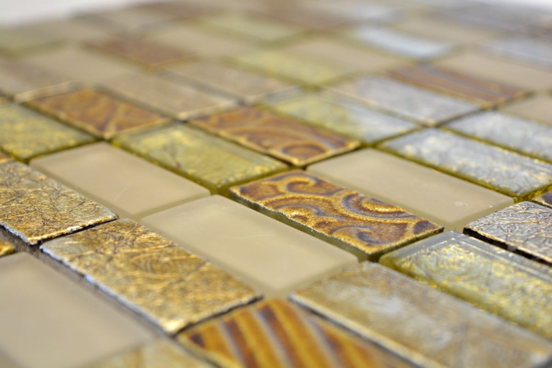 Riemchen Rechteck Mosaikfliesen Glasmosaik Stein Retro gold beige creme Struktur Wandverkleidung Küche Bad - MOS83-CRS4