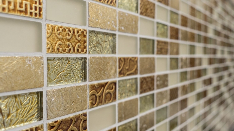Piastrelle rettangolari in vetro mosaico pietra retrò oro beige crema struttura rivestimento cucina bagno - MOS83-CRS4