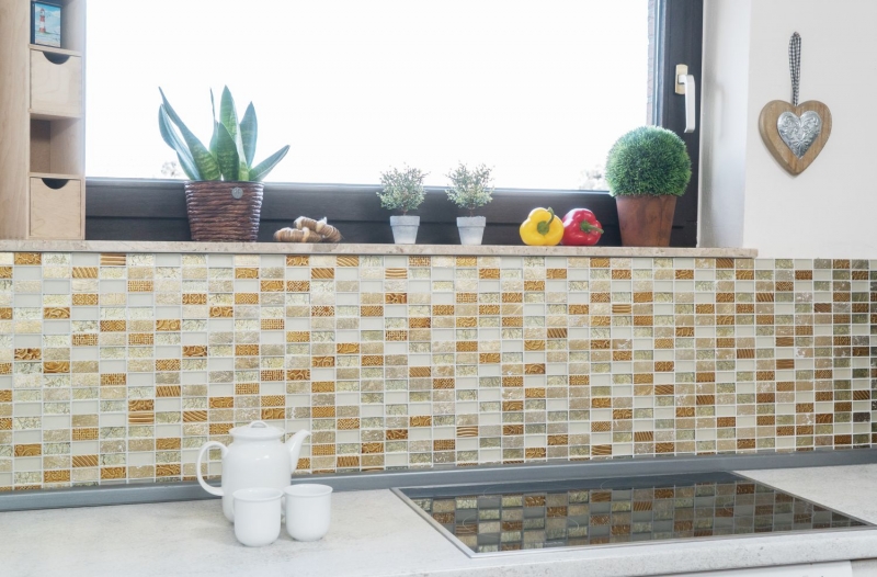 Riemchen Rechteck Mosaikfliesen Glasmosaik Stein Retro gold beige creme Struktur Wandverkleidung Küche Bad - MOS83-CRS4