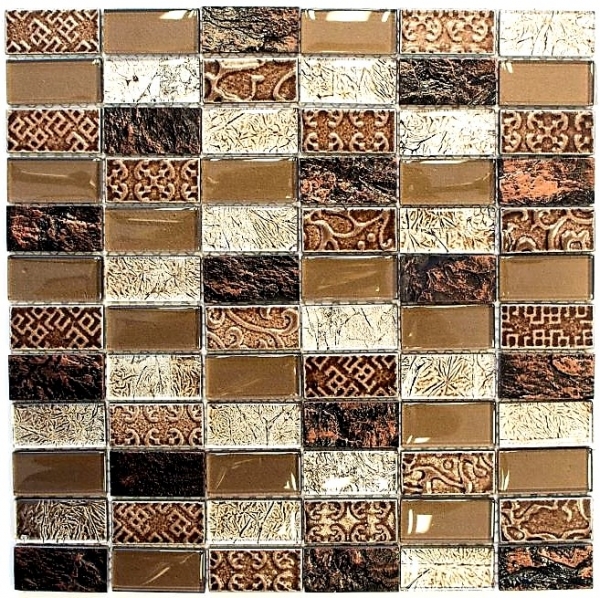 Piastrelle rettangolari in vetro mosaico pietra retrò marrone bronzo beige struttura rivestimento bagno WC - MOS83-CRS6