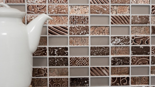 Rectangular mosaic tiles glass mosaic stone retro brown bronze beige structure wall cladding bathroom WC - MOS83-CRS6