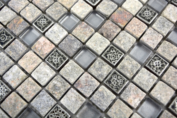 Glass mosaic natural stone mosaic tile gray anthracite beige resin quartzite kitchen wall bathroom tile - MOS92-02M7