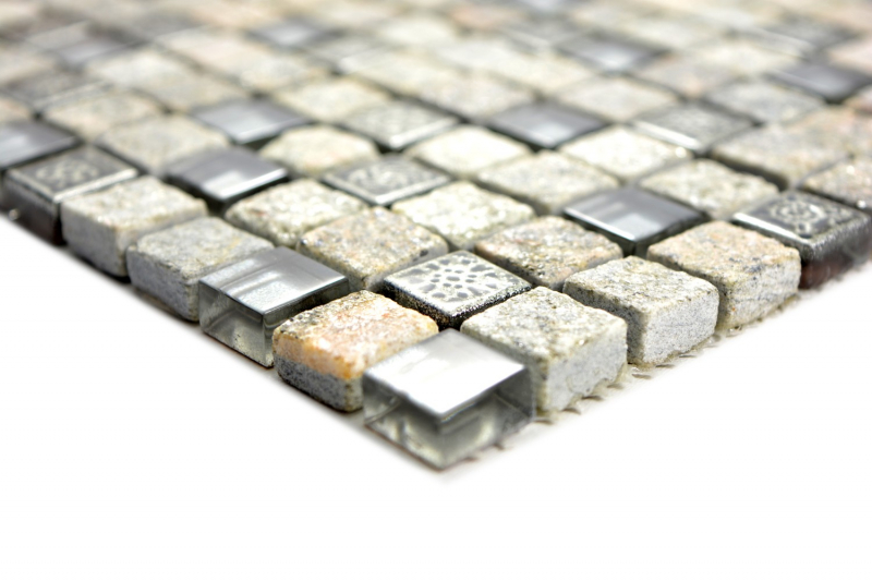 Handmuster Mosaikfliese Transluzent grau Glasmosaik Crystal Stein Resin grau Quarzit MOS92-02M7_m