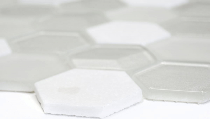 Carreaux de mosaïque fond de cuisine blanc Hexagon Mosaïque de verre pierre 3D MOS11D-HXN11_f