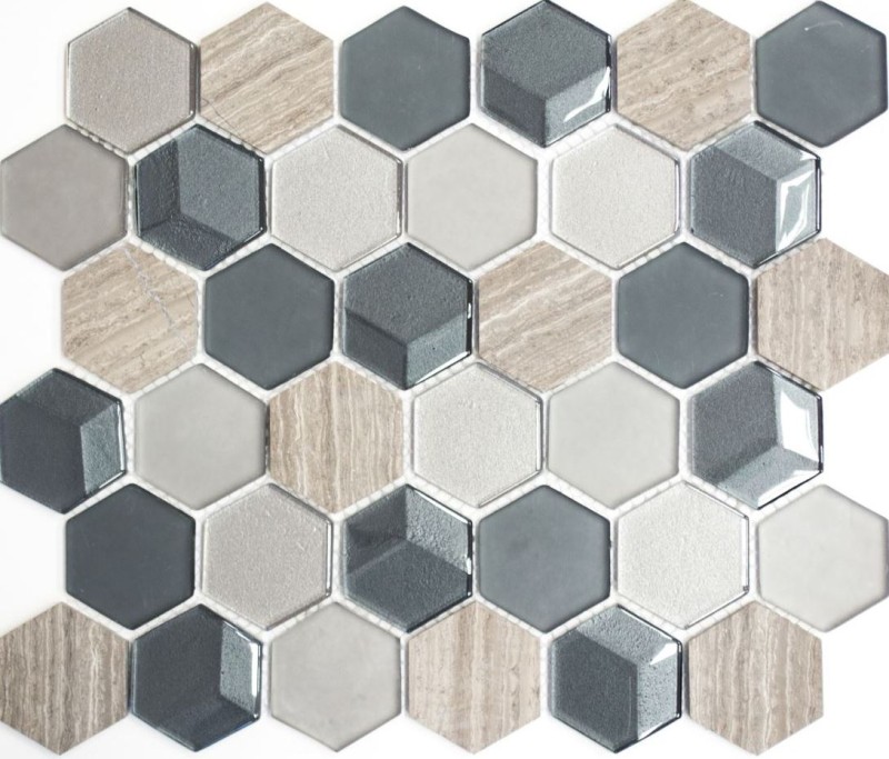 Pietra naturale vetro mosaico tessere esagonali antracite grigio chiaro grigio strisce piastrelle backsplash rivestimento bagno - MOS11D-22