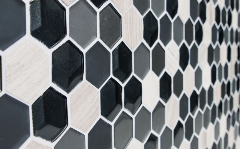 Naturstein Glasmosaik Mosaikfliesen Hexagonal anthrazit hellgrau graubrau Streifen Fliesenspiegel Wandverkleidung Bad - MOS11D-22