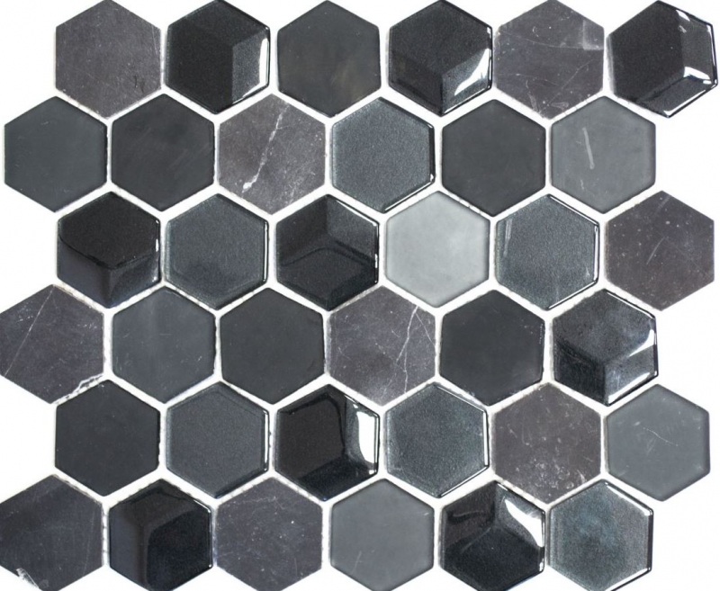 Naturstein Glasmosaik Mosaikfliesen Hexagonal anthrazit schwarz graphit Marmor Fliesenspiegel Wandverkleidung Bad - MOS11D-33